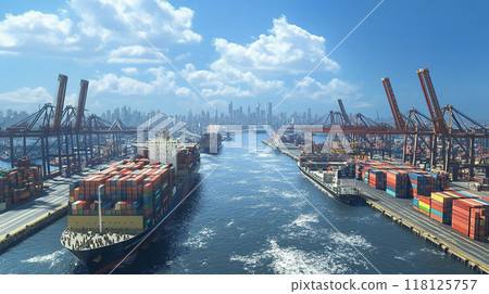 Container ship docking at a container wharf Container ship docking at a container wharf 118125757