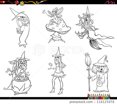 cartoon witches fantasy characters set coloring page cartoon witches fantasy characters set coloring page 118125978