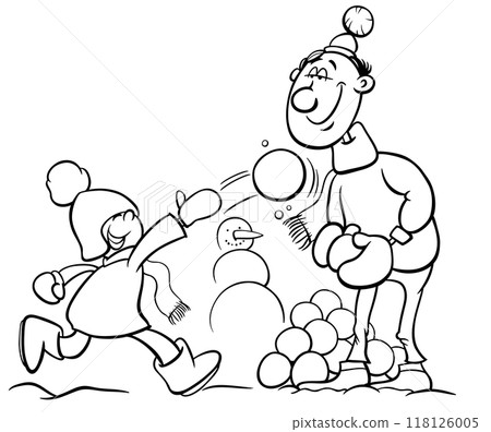 cartoon dad and son playing on winter time coloring page 118126005