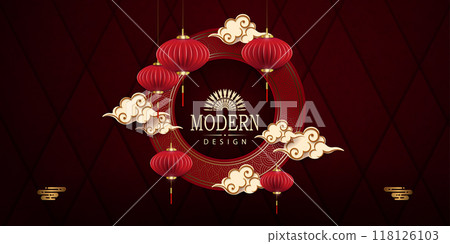 Burgundy postcard with isolated round frame with air lanterns and clouds 118126103