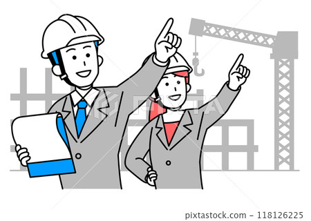 A man and woman in a suit giving instructions while looking at documents at a construction site 118126225