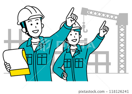 Male and female workers giving instructions while looking at documents at a construction site 118126241