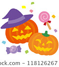 Cute Halloween illustration: A jack-o-lantern wearing a witch's hat and candy 118126267