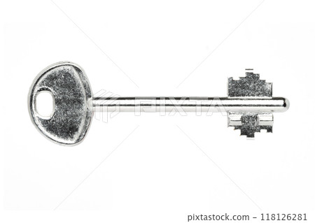 A worn silver key with scratches isolated on white background 118126281