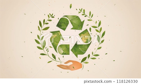Hand holding recycling symbol icon with green vines, eco-friendly design with earth tones and curvature. Icon representing the ecological call to recycle 118126330