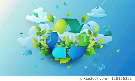 Blue and green themed icon with recycling symbol and leaves, eco-friendly design with sky background. Icon representing the ecological call to recycle 118126331