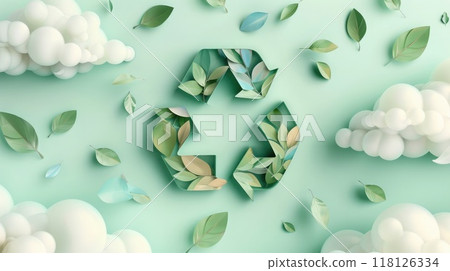 Stylized recycling symbol icon with green leaves and branches, soft pastel clouds, and light blue sky background. Icon representing the ecological call to recycle 118126334