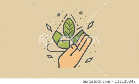 Icon showing hand holding green leaf with recycling symbol in background, clean line style emphasizing recycling and nature connection. Icon representing the ecological call to recycle 118126342