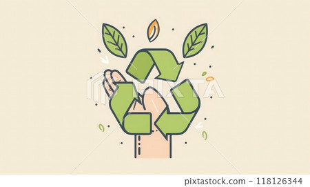 Icon featuring hand with green leaf and recycling symbol, thin clean lines for eco-friendly and recycling connection. Icon representing the ecological call to recycle 118126344
