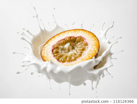 Passion fruit falls into milk, yoghurt, sour cream, Splashing around. Illustration 118126366