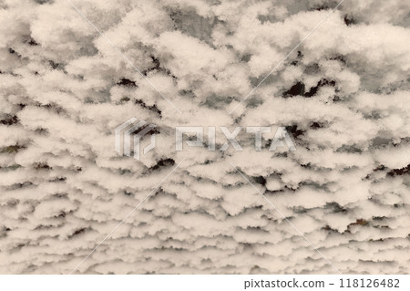 Snow flakes stuck in the form of waves on a white metal sheet. There are rust spots. 118126482