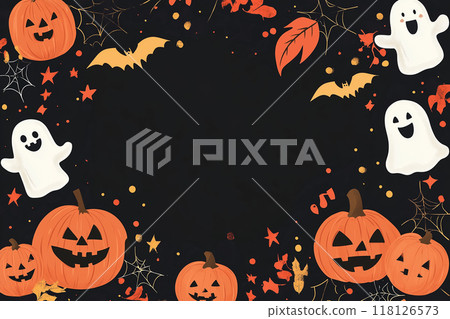 Halloween-themed frame featuring pumpkins, ghosts, bats, and autumn leaves with space for text in the center Halloween-themed frame featuring pumpkins, ghosts, bats, and autumn leaves with space for text in the center 118126573