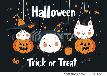 Cute Halloween Trick or Treat design featuring adorable characters dressed as pumpkins, witches, and cats 118126598