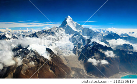Mount Everest, distant view, blue sky 118126619