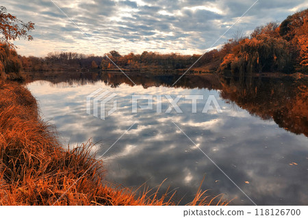 Autumn lake on dark background. 118126700