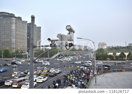 CCTV surveillance cameras monitoring Chang'an Avenue major road near Tiananmen Square in Beijing, capital of China 118126717