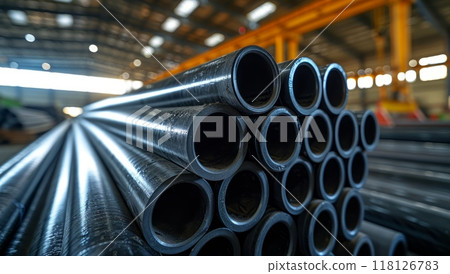 Steel pipes stacked in industrial warehouse. Manufacturing of metal tubing products for construction and infrastructure. 118126783