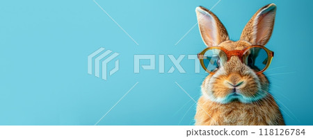 Funny rabbit wearing sunglasses on blue background, whimsical animal portrait. Easter concept. Funny rabbit wearing sunglasses on blue background, whimsical animal portrait. Easter concept. 118126784
