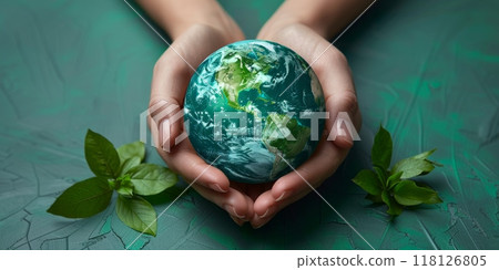 Hands holding green planet Earth with leaves, environmental conservation concept. Protecting nature and ecology on cracked ground. Hands holding green planet Earth with leaves, environmental conservation concept. Protecting nature and ecology on cracked ground. 118126805