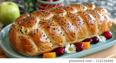 Freshly Baked Braided Bread Loaf with Fruits and Flowers 118126806