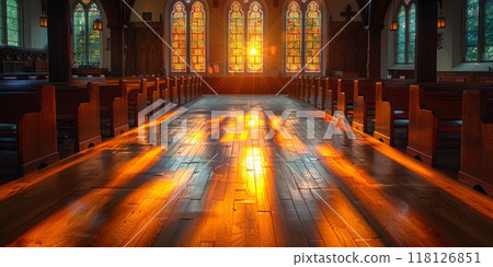 Sunlight shining through stained glass windows in an empty church. Concept of religion, spirituality, Christianity, and worship. 118126851