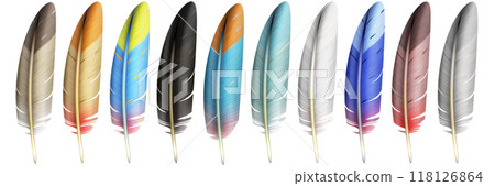 Color feathers, soft bird plumage isolated on white background. Raster Illustration. Color feathers, soft bird plumage isolated on white background. Raster Illustration. 118126864