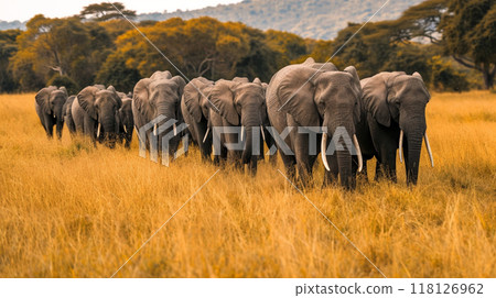 A herd of African elephants walking through the grass in Tarangire National Park 118126962