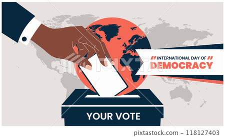 International Day of Democracy. celebration web banner with ballot box, vote paper. T 118127403
