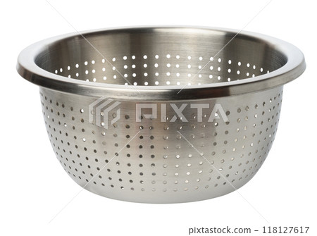 Round metal empty colander with holes on isolated background Round metal empty colander with holes on isolated background 118127617
