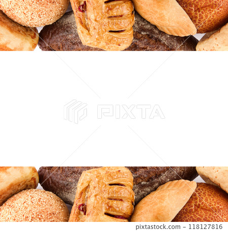 Bread and sweet pastries Isolated on a white. Free space for text. 118127816