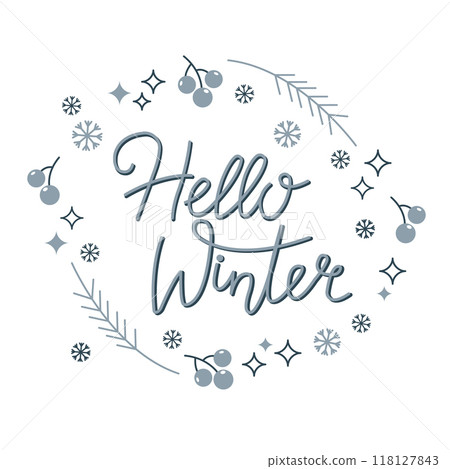 Hello winter wreath vector illustration. Hand drawn doodle Christmas wreath. Greeting card, stationery, poster design. 118127843