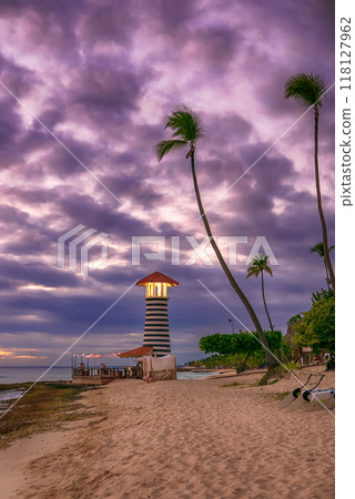 Tropical carribbean beach with lighthouse Tropical carribbean beach with lighthouse 118127962
