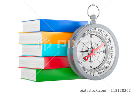 Compass with stack of books, 3D rendering Compass with stack of books, 3D rendering 118128262