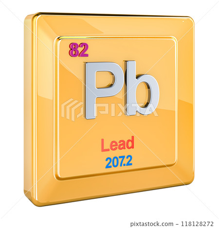 Lead plumbum Pb, chemical element sign with number 82 in periodic table. 3D rendering 118128272