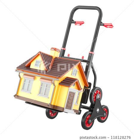 Residential Moving, concept. Hand Truck with home. 3D rendering Residential Moving, concept. Hand Truck with home. 3D rendering 118128276