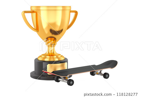 Skateboard with Gold trophy cup award, 3D rendering 118128277