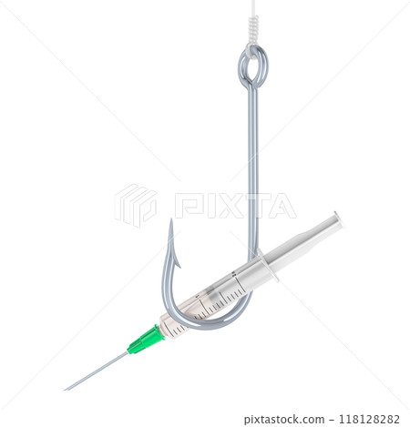 Syringe on the fishing hook. Dependence from drugs or from cosmetic injections, aesthetic procedures, concept. 3D rendering 118128282