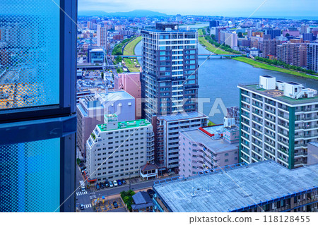 View of the cityscape upstream of the Shinano River from the Media Ship Observatory 118128455