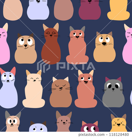 Seamless pattern with cute kitten print. Different scandy cats on color background. Scandinavian style illustration for kids. Vector illustration for fabric, textile, wallpaper, home clothing, pajama Seamless pattern with cute kitten print. Different scandy cats on color background. Scandinavian style illustration for kids. Vector illustration for fabric, textile, wallpaper, home clothing, pajama 118128480
