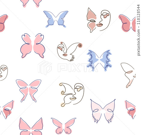 Line art butterfly illustrations Minimalist trendy abstract seamless pattern. Modern vector template for design Line art butterfly illustrations Minimalist trendy abstract seamless pattern. Modern vector template for design 118128544