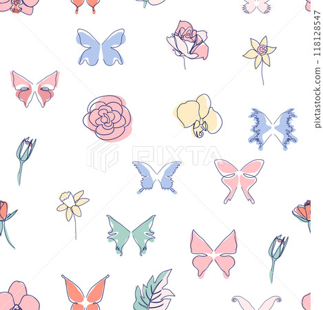 One line seamless modern pattern. Rose flower modern simplicity vector illustration. 118128547
