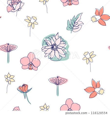 One line seamless modern pattern. Rose flower modern simplicity vector illustration. 118128554