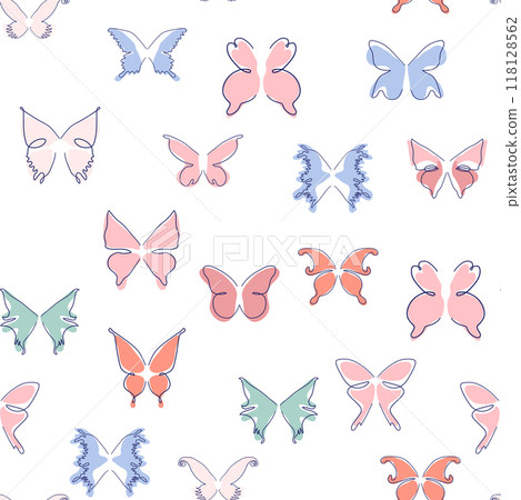 Line art butterfly illustrations Minimalist trendy abstract seamless pattern. Modern vector template for design Line art butterfly illustrations Minimalist trendy abstract seamless pattern. Modern vector template for design 118128562