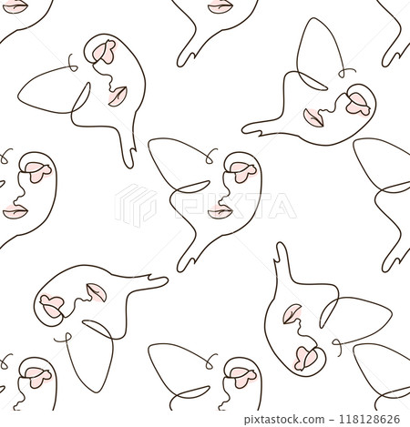 Woman face Continuous line seamless pattern. Abstract Female portrait with Butterfly. Drawing vector Wallpaper 118128626