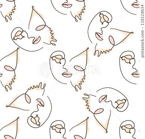 Woman face Continuous line seamless pattern. Abstract Female portrait with Butterfly. Drawing vector Wallpaper 118128634