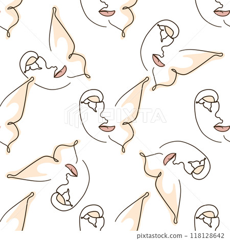 Woman face Continuous line seamless pattern. Abstract Female portrait with Butterfly. Drawing vector Wallpaper 118128642