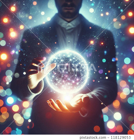 A magician conjuring mysterious cosmic energy and manipulating through forces by a crystal ball with his hands A magician conjuring mysterious cosmic energy and manipulating through forces by a crystal ball with his hands 118129053