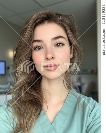 A Beautiful Smiling Nurse in Scrubs in a Hospital Setting 118129328