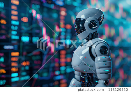 A trading robot analyzing the trading charts, symbolizing the graph growth up and artificial intelligence for stock market analysis 118129330
