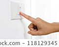Turn off the light, close up female hand is closing the power switch. Save energy, reduce global warming. 118129345